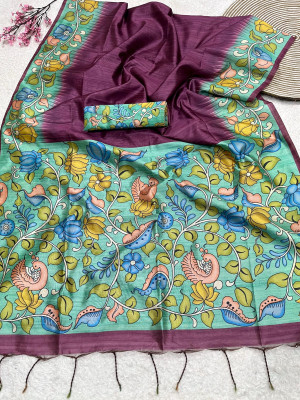 Wine color soft tussar silk saree with kalamkari printed work