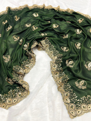 Mahendi green color vichitra silk saree with beautiful cutwork & embroidery border