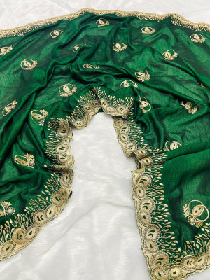 Green color vichitra silk saree with beautiful cutwork & embroidery border