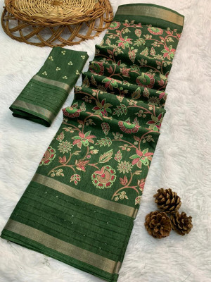 Mahendi green color soft dola silk saree with flower printed work