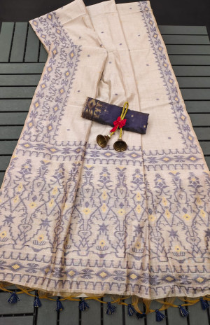 Off white and blue color  soft muga cotton saree with jamdani weaving work