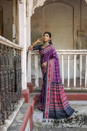 Magenta color soft tussar silk saree with ikkat printed work
