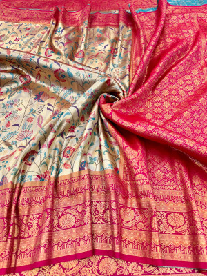 Pink color dharmavaram banarasi silk saree with zari weaving work