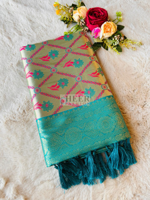 Firoji color dharmavaram banarasi silk saree with zari weaving work