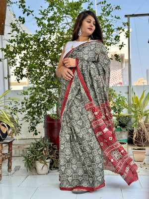 Gray color soft cotton saree with motif printed design