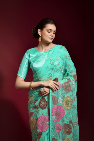 Sea green color designer georgette saree with sequance embroidery work