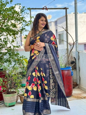 Black color soft dola silk saree with jacquard border & floral printed design