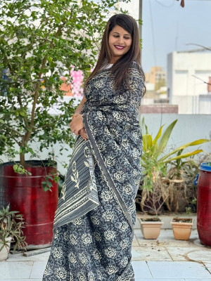 Gray color soft cotton saree with bagru printed