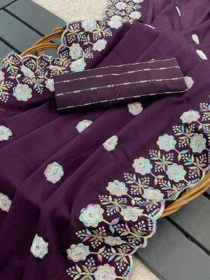 Wine color designer crepe silk saree with embroidery & sequence work