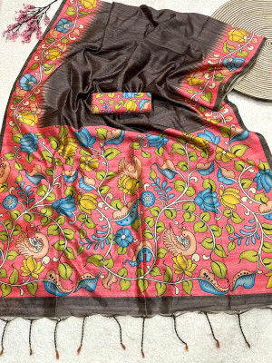 Coffee color soft tussar silk saree with kalamkari & digital printed work