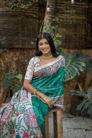 Rama green color tussar silk saree with madhubani printed work