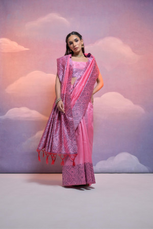 Baby pink color handloom raw silk saree with contrast weaving work