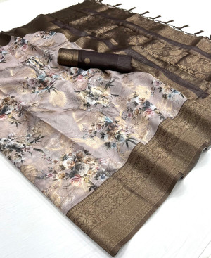 Brown color soft linen silk saree with digital printed work