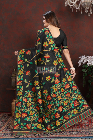 Black color soft jamdani cotton saree with woven design