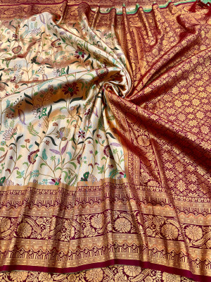 Maroon color dharmavaram banarasi silk saree with zari weaving work