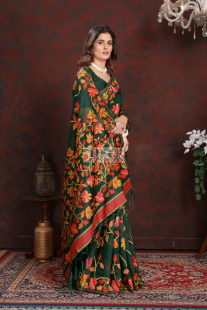 Green color soft jamdani cotton saree with woven design