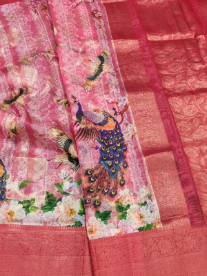 Baby pink color soft linen silk saree with digital peacock printed work