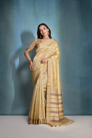Beige color khadi raw silk saree with zari weaving work