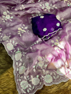 Light lavender color burberry jimmy choo silk saree with embroidery and sequence work