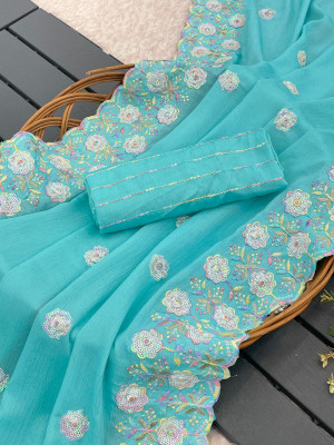 Sky blue color designer crepe silk saree with embroidery & sequence work