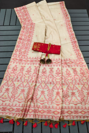Off white and red color soft muga cotton saree with jamdani weaving work