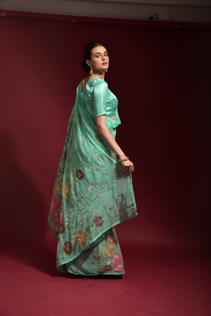 Sea green color designer georgette saree with sequance embroidery work