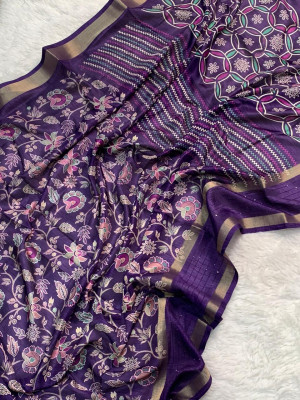 Purple color soft dola silk saree with flower printed work