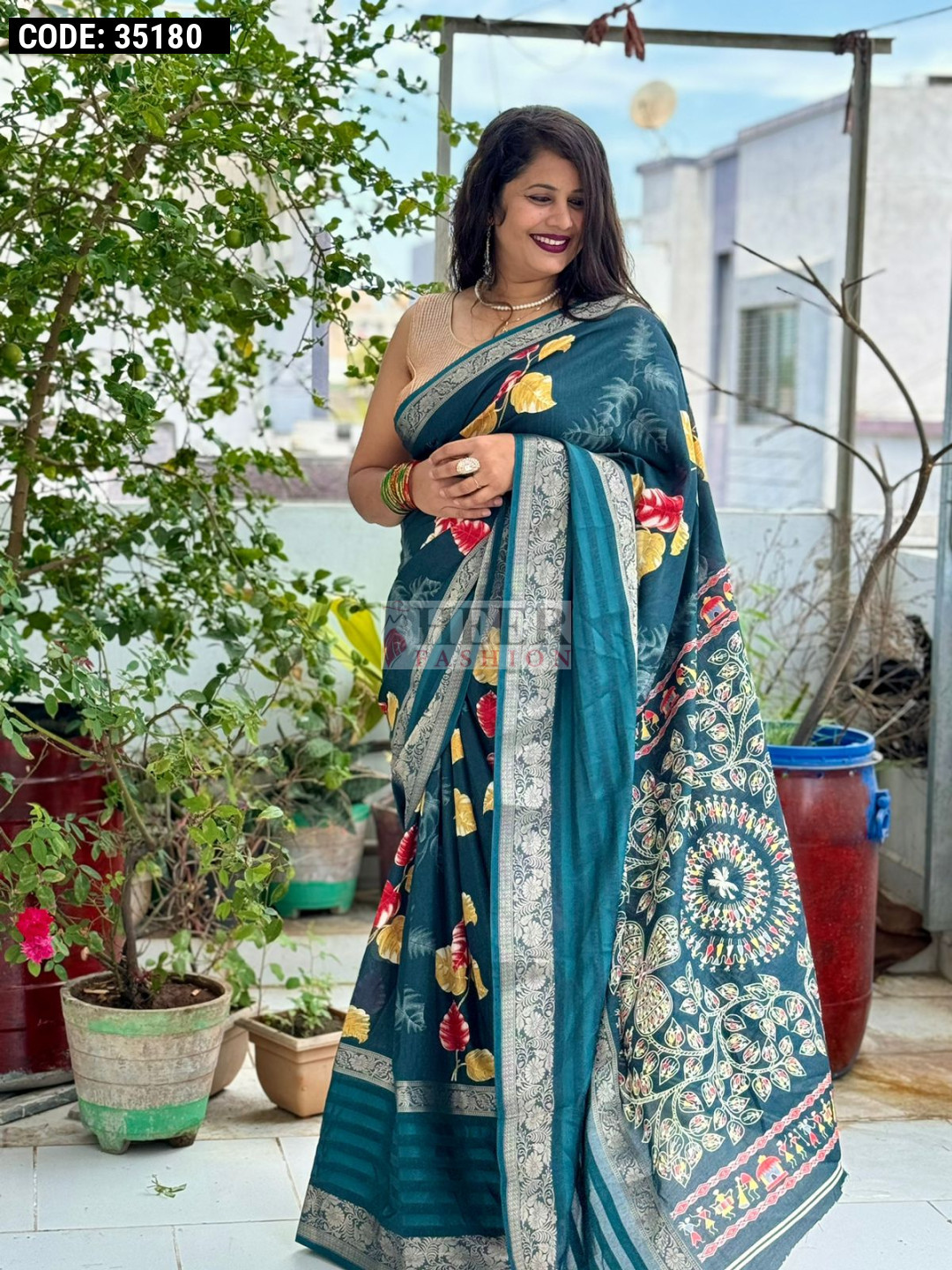 Soft mul mul cotton with jacquard border and kalamkari print saree and blouse for outlet women, designer saree, indian saree, traditional saree