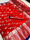 Red color soft lichi silk saree with silver zari woven