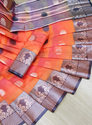 Orange color soft cotton weaving work saree