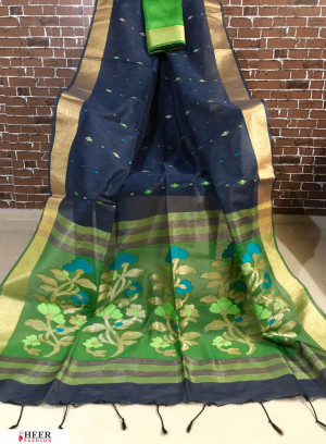 Blue color Linen silk Zari weaving  jamdani saree