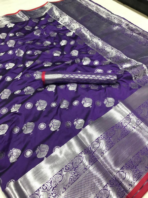 Purple color soft lichi silk saree with silver zari woven