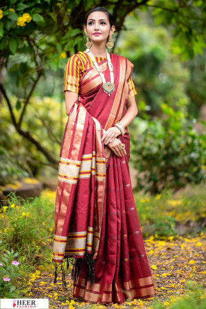 Red color Soft Raw silk Woven work saree