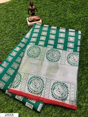 Rama green color Lichi silk Zari weaving work saree