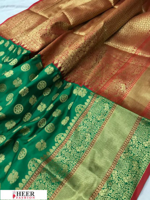 Green color lichi silk golden zari work saree