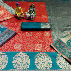 Red color banarasi Silk Jacquard weaving work saree
