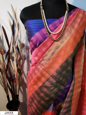 Multi color border and pallu raw silk saree