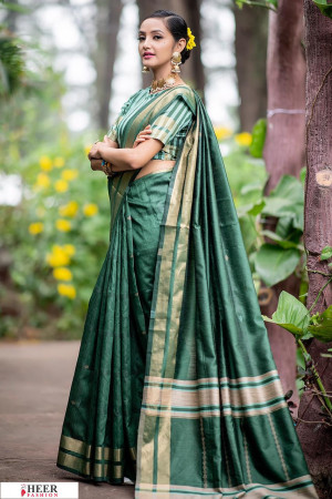 Green color Soft Raw silk Woven work saree