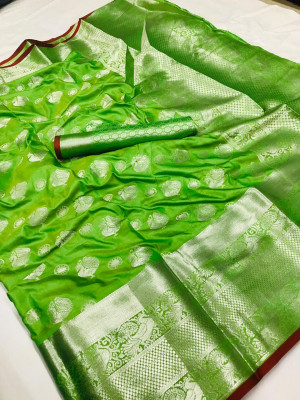 Green color soft lichi silk saree with silver zari woven