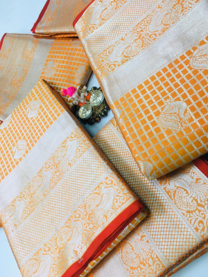 Orange color Lichi silk Zari weaving work saree