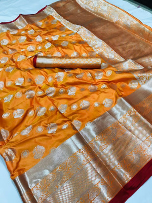 Orange color soft lichi silk saree with silver zari woven
