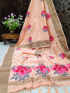 Peach color pure linen weaving saree with zari woven border & pallu