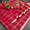 Red color doriya cotton saree with checks pattern