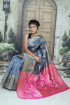 Gray color soft paithani silk saree with weaving rich pallu