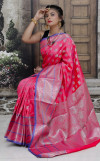 Pink color lichi silk saree with silver zari work