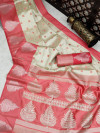 Pink and off white color banarasi art silk saree with zari weaving work