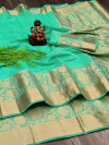 Sea green color pure cotton saree with designer weaving border