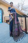 Navy blue color pure tussar silk saree with Woven design