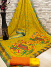 Yellow color soft cotton kalamkari print saree with mirror work