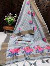 Gray color pure linen weaving saree with zari woven border & pallu